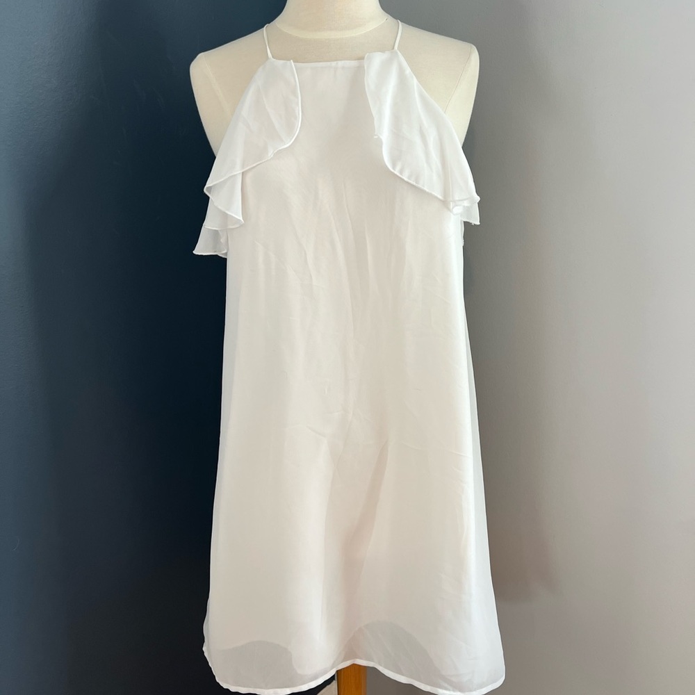 BCBGGeneration White Ruffle Halter Shift Dress Sleeveless Open Back Size M